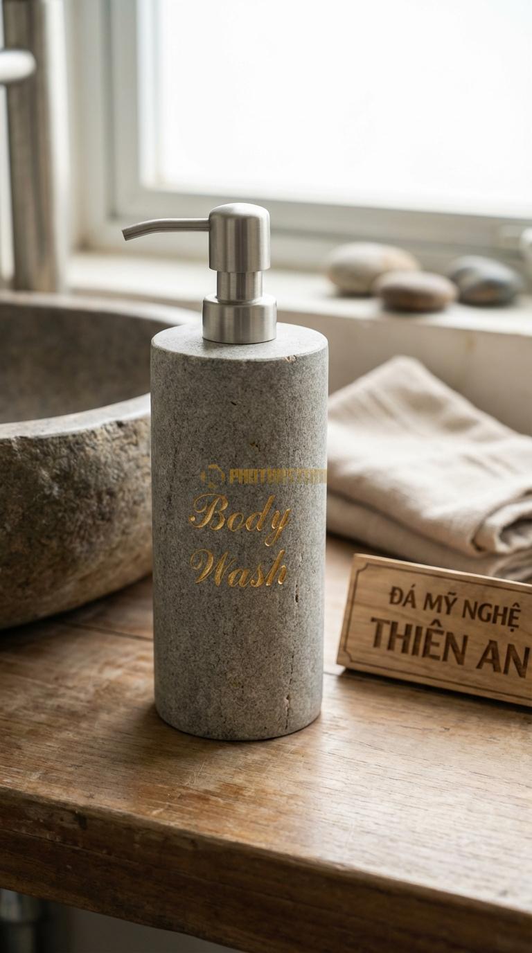 Bình Sữa Tắm Đá Granite Khắc Chữ “Body” Khắc Chìm Chữ “Body Wash” Nghệ Thuật Mạ Vàng Đường Kính 8cm x H19cm