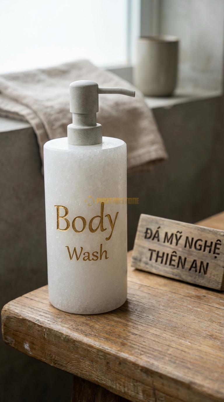 Bình Sữa Tắm Đá Trắng Muối Khắc Chữ “Body” Khắc Chìm Chữ “Body Wash” Nghệ Thuật Mạ Vàng Đường Kính 8cm x H19cm