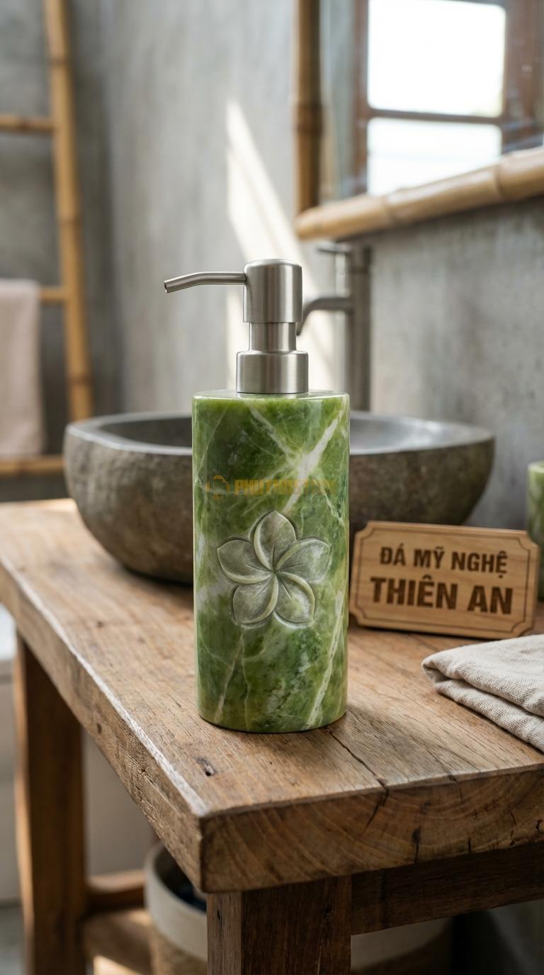 Bình Sữa Tắm Đá Xanh Ấn Chạm Hoa Sứ Mặt Trước Chạm Nổi Hoa Sứ 5 Cánh Tinh Xảo Đường Kính 8.5cm x H18cm
