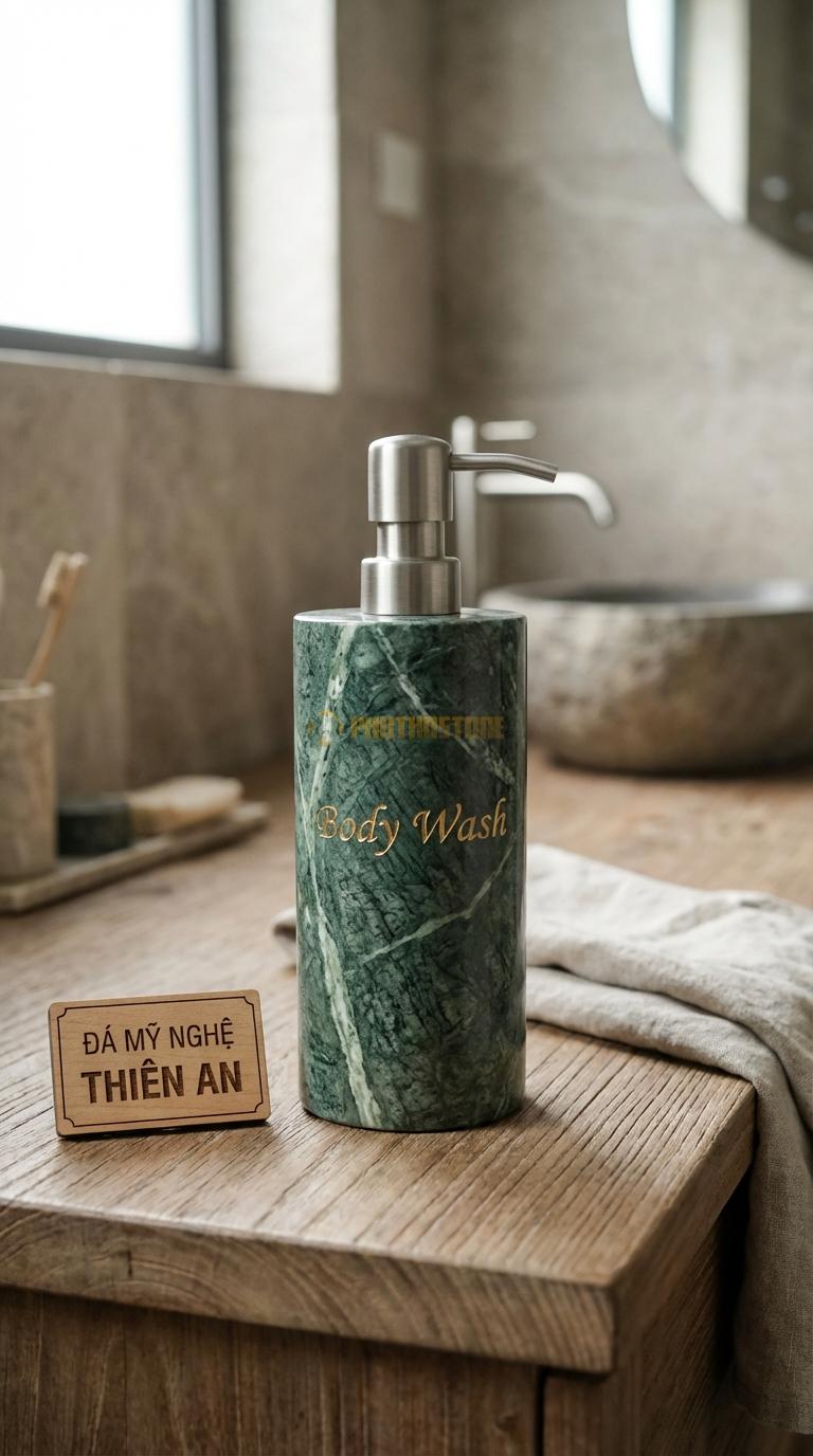 Bình Sữa Tắm Đá Xanh Ấn Khắc Chữ “Body” Khắc Chìm Chữ “Body Wash” Nghệ Thuật Mạ Vàng Đường Kính 8cm x H19cm