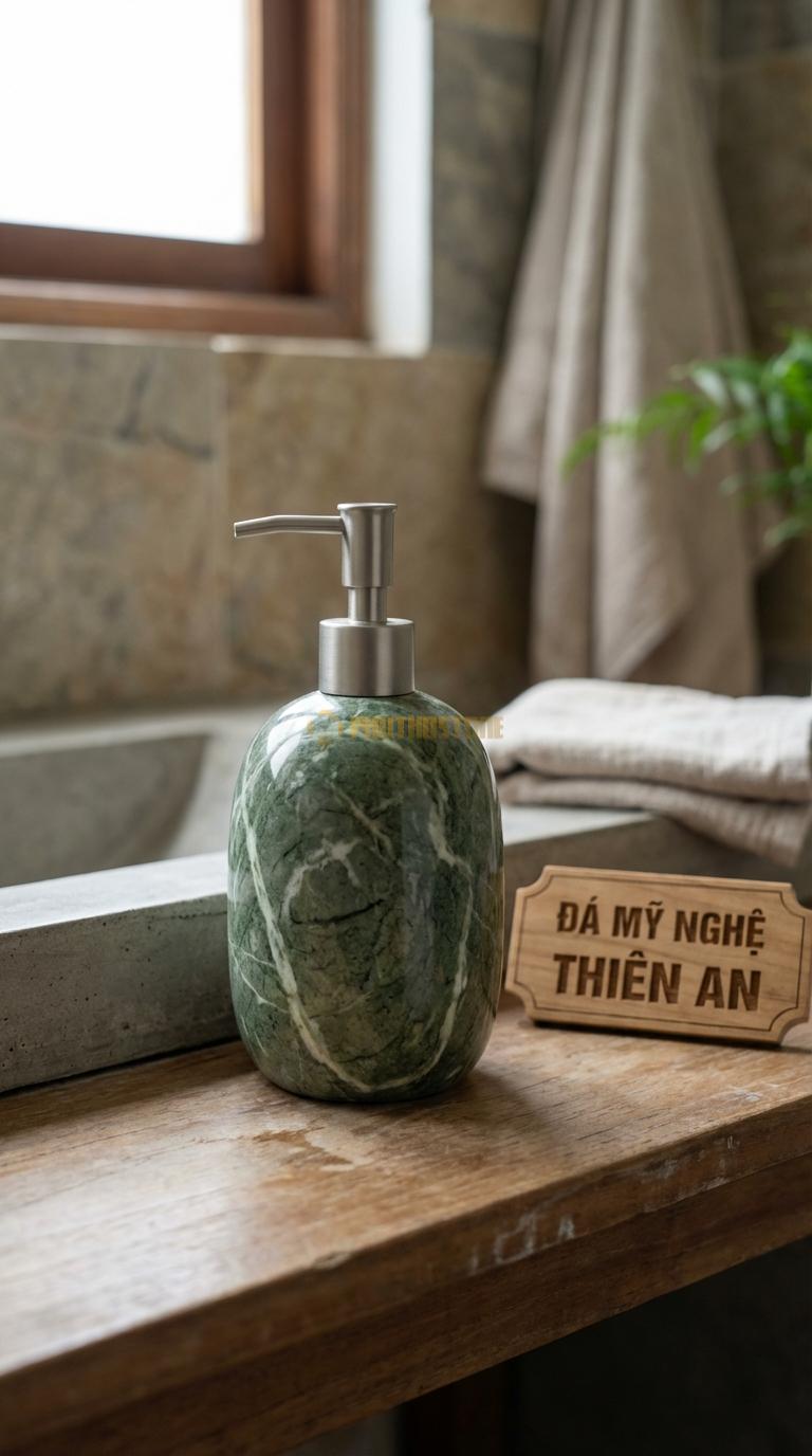 Bình Sữa Tắm Đá Xanh Ấn “Relaxing Zen” Dáng Bầu Tròn Trơn, Mài Bóng Lộ Vân Đá Đường Kính 10cm x H16cm