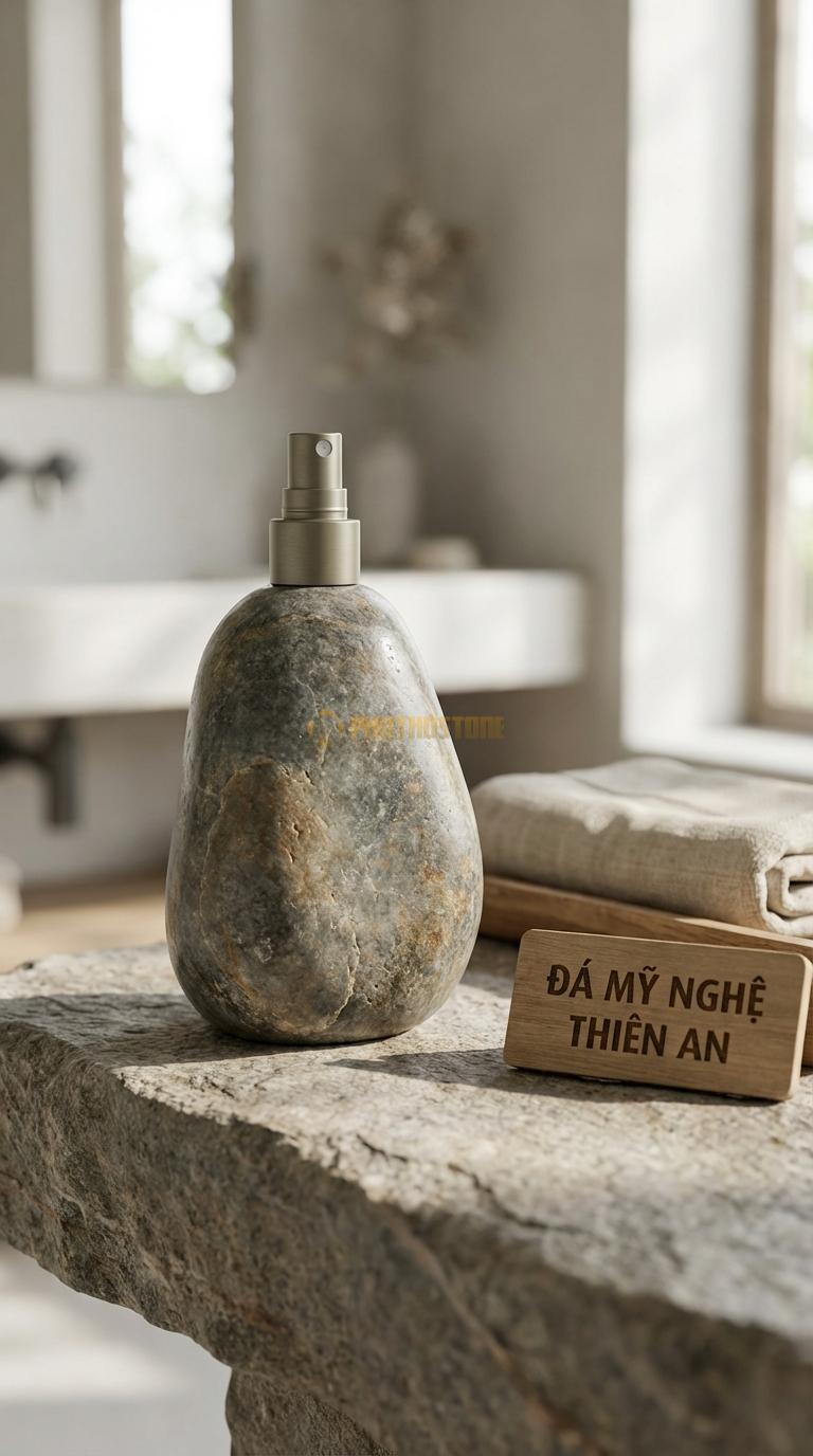 Bình Xịt Xà Phòng Đá Cuội Bình Khảm Kim Loại Đá Xẻ Rãnh Nẹp Chỉ Inox Màu Vàng/Đồng 8cm x 8cm x H18.5cm