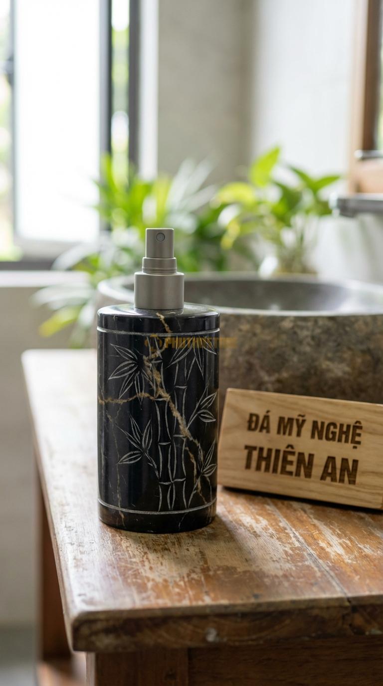 Bình Xịt Xà Phòng Đá Đen Chỉ Nâu Bình Chạm Tre Trúc Họa Tiết Đốt Tre Uốn Lượn Tinh Tế Đường Kính 7.5cm x H19cm