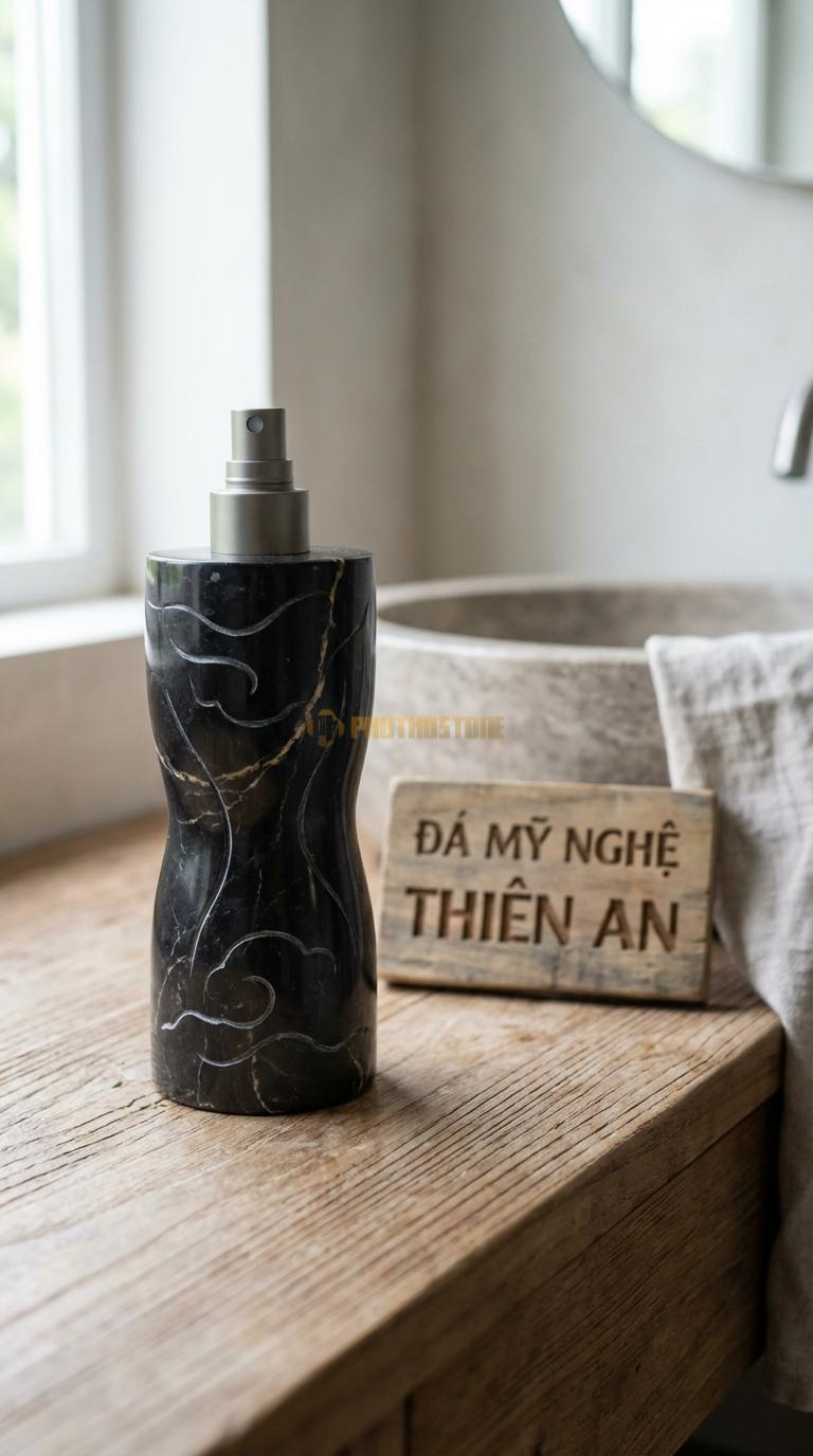 Bình Xịt Xà Phòng Đá Đen Chỉ Nâu Bình Dáng Đồng Hồ Cát Thắt Eo Ở Giữa, Chạm Vân Mây Nhẹ Đường Kính 8cm x H20cm