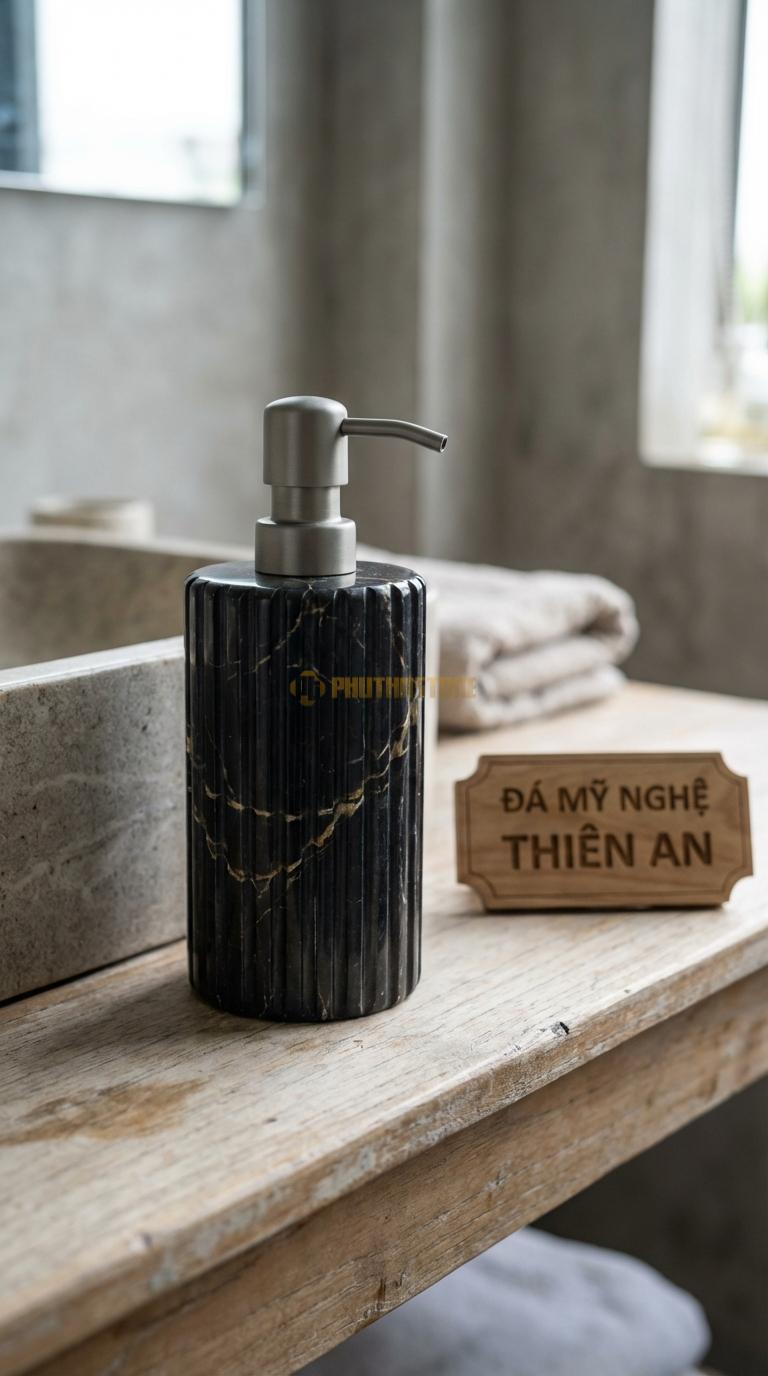 Bình Xịt Xà Phòng Đá Đen Chỉ Nâu Bình Khía Sọc Dọc Các Rãnh Soi Dọc Thân Bình Kiểu Hy Lạp Đường Kính 8.5cm x H18cm