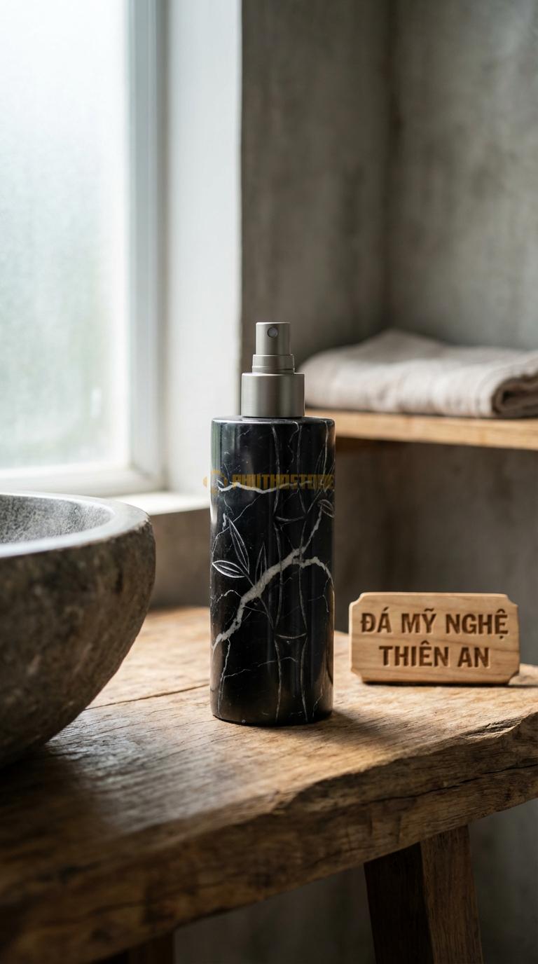 Bình Xịt Xà Phòng Đá Đen Tia Chớp Bình Chạm Tre Trúc Họa Tiết Đốt Tre Uốn Lượn Tinh Tế Đường Kính 7.5cm x H19cm
