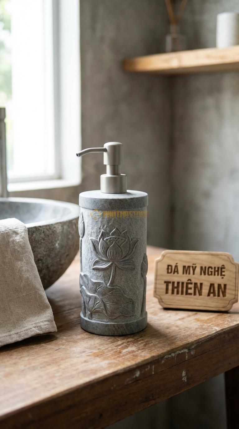 Bình Xịt Xà Phòng Đá Granite Bình Chạm Hoa Sen Nổi Cánh Sen Nở Bao Quanh Thân Bình Đường Kính 9cm x H19cm