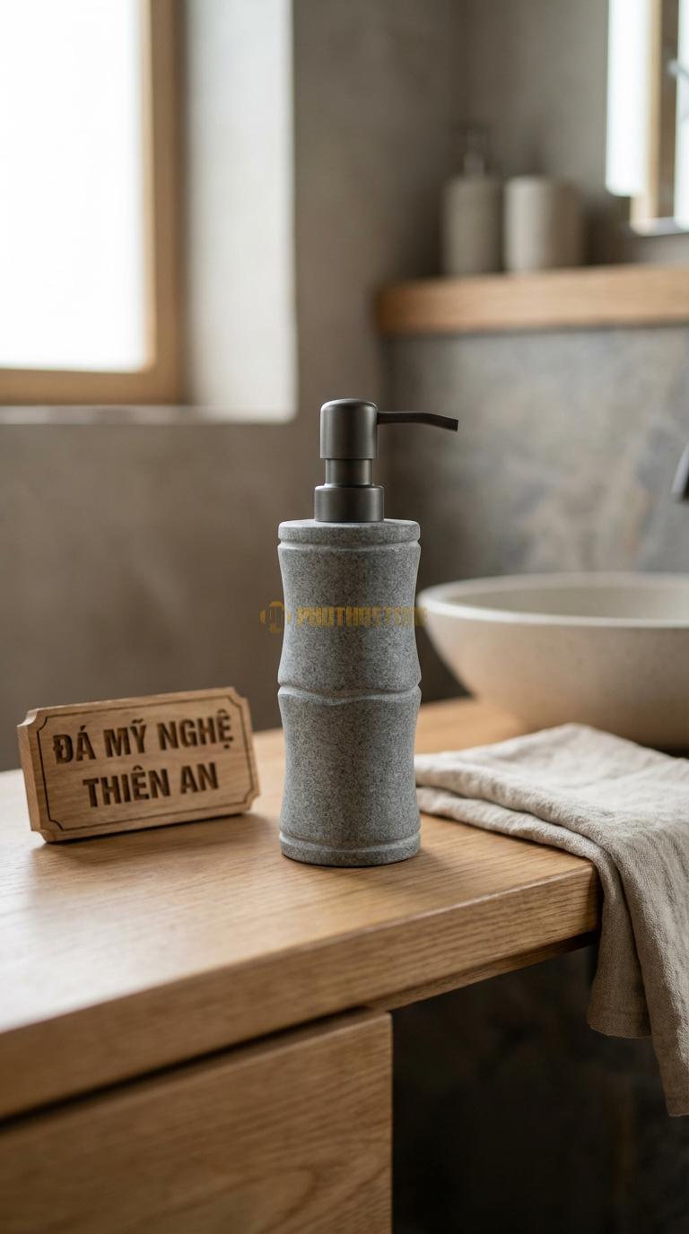 Bình Xịt Xà Phòng Đá Granite Bình Chạm Tre Trúc Họa Tiết Đốt Tre Uốn Lượn Tinh Tế Đường Kính 7.5cm x H19cm