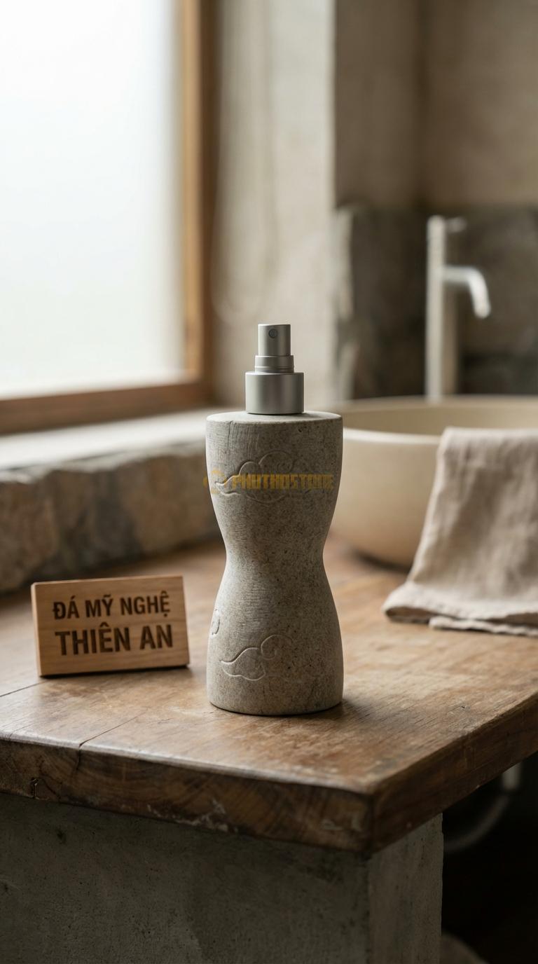 Bình Xịt Xà Phòng Đá Granite Bình Dáng Đồng Hồ Cát Thắt Eo Ở Giữa, Chạm Vân Mây Nhẹ Đường Kính 8cm x H20cm