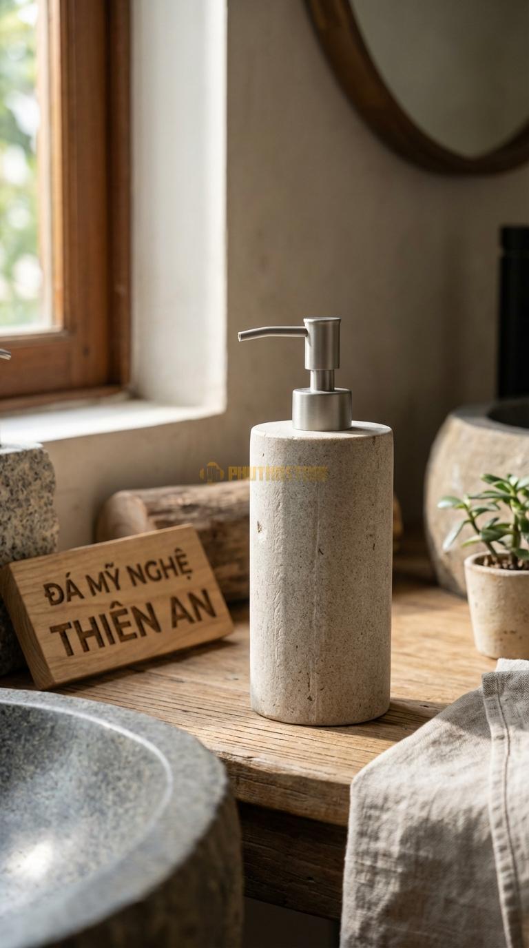 Bình Xịt Xà Phòng Đá Granite Bình Trụ Tròn Minimalist Bề Mặt Mài Bóng Kính, Không Hoa Văn Đường Kính 8cm x H18cm