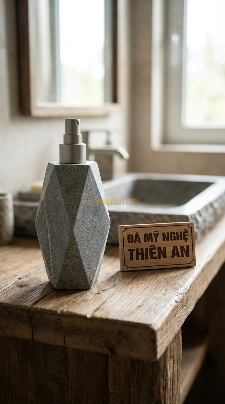 Bình Xịt Xà Phòng Đá Granite Bình Vuông Vát Cạnh 3D Vát Chéo 4 Góc Tạo Khối Kim Cương 8cm x 8cm x H17cm