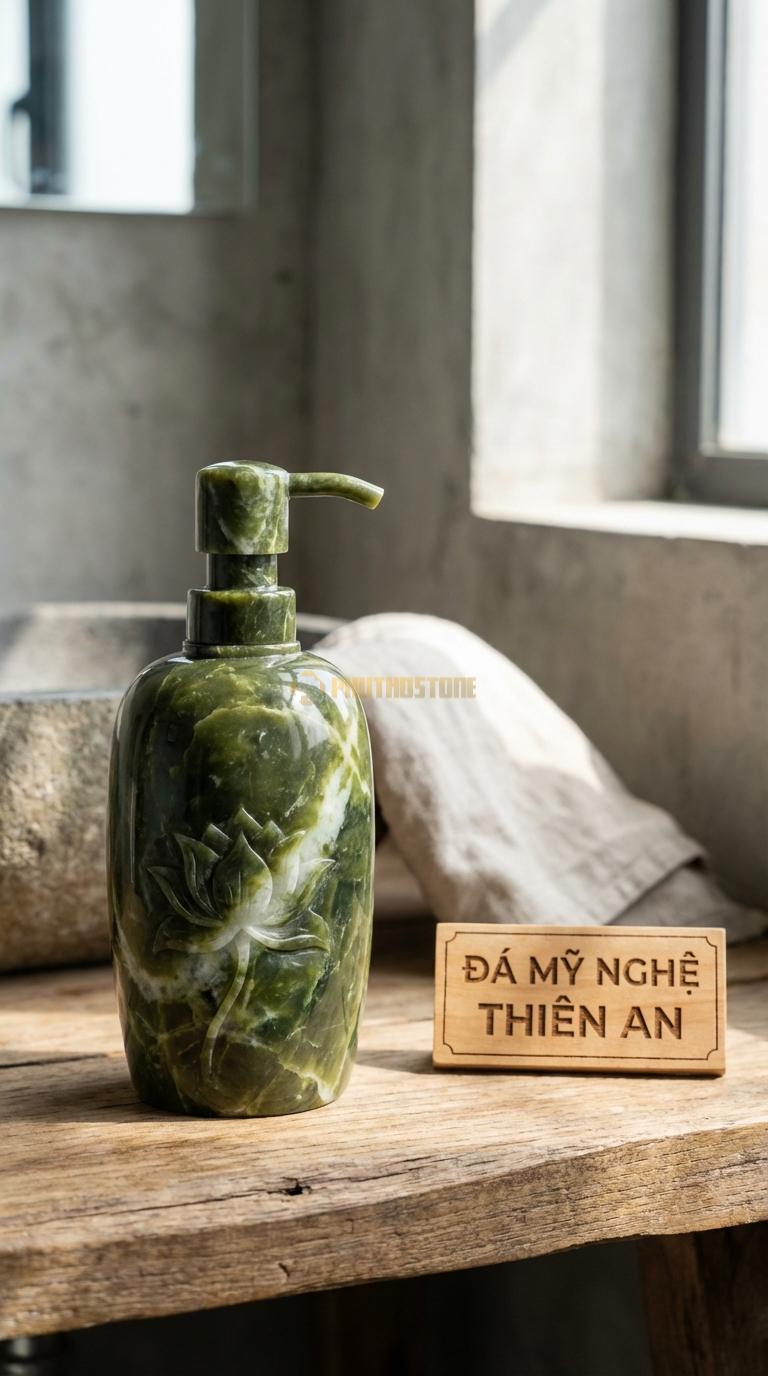 Bình Xịt Xà Phòng Đá Serpentine Bình Chạm Hoa Sen Nổi Cánh Sen Nở Bao Quanh Thân Bình Đường Kính 9cm x H19cm