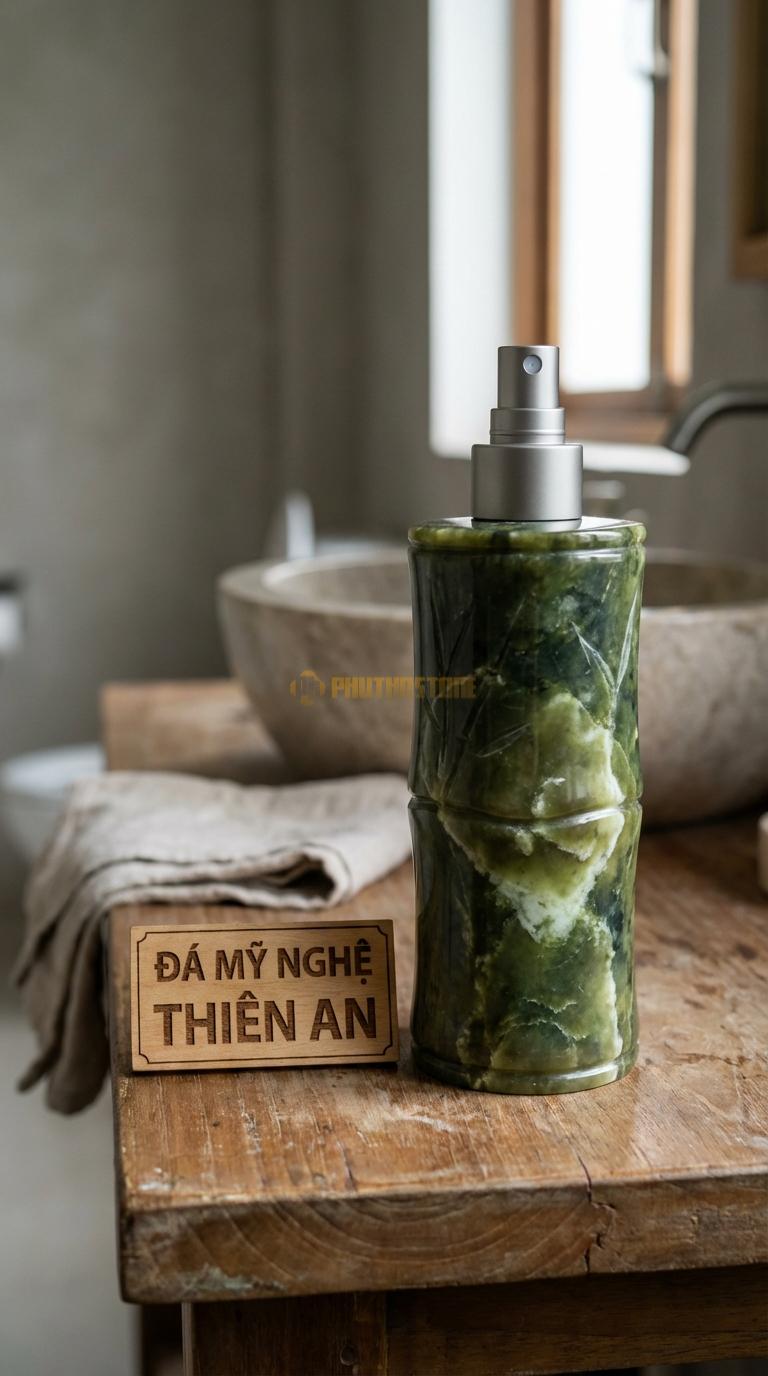 Bình Xịt Xà Phòng Đá Serpentine Bình Chạm Tre Trúc Họa Tiết Đốt Tre Uốn Lượn Tinh Tế Đường Kính 7.5cm x H19cm