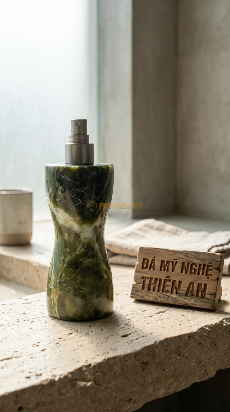 Bình Xịt Xà Phòng Đá Serpentine Bình Dáng Đồng Hồ Cát Thắt Eo Ở Giữa, Chạm Vân Mây Nhẹ Đường Kính 8cm x H20cm