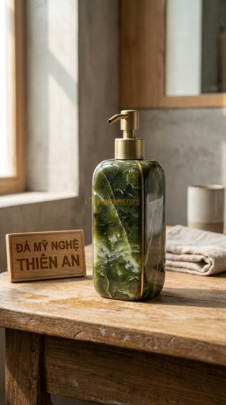 Bình Xịt Xà Phòng Đá Serpentine Bình Khảm Kim Loại Đá Xẻ Rãnh Nẹp Chỉ Inox Màu Vàng/Đồng 8cm x 8cm x H18.5cm