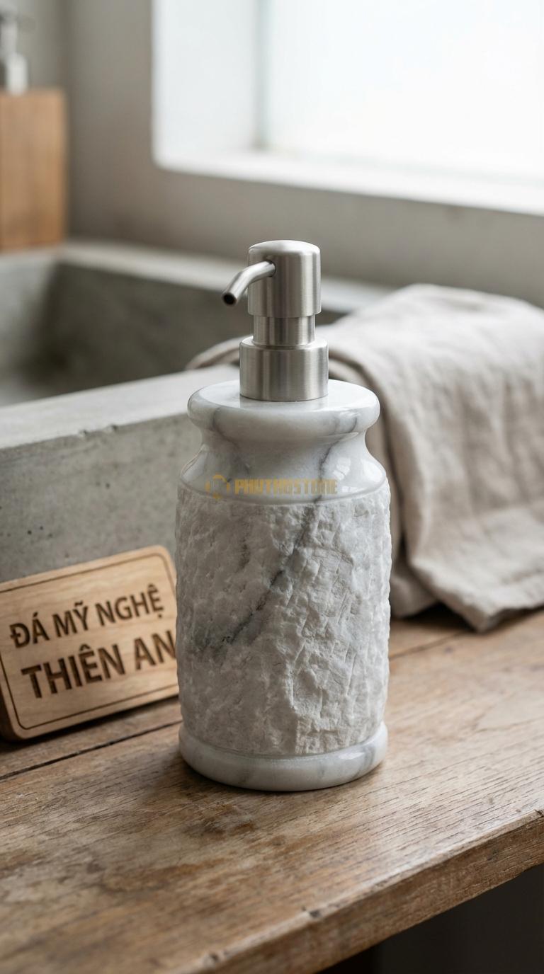 Bình Xịt Xà Phòng Đá Trắng Xanh Bình Băm Nhám Trừ Viền Thân Băm Li Ti, Viền Cổ Và Đáy Mài Bóng Đường Kính 8.5cm x H17.5cm