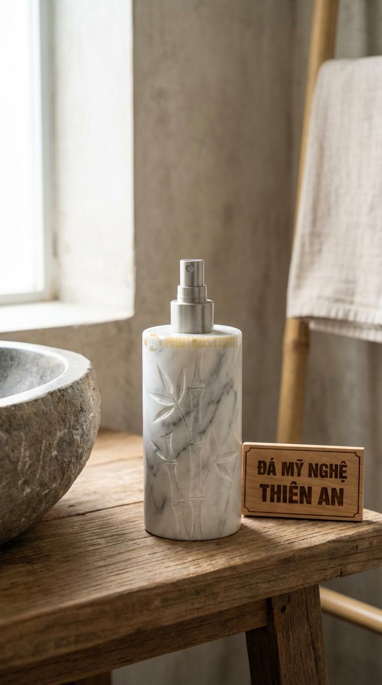 Bình Xịt Xà Phòng Đá Trắng Xanh Bình Chạm Tre Trúc Họa Tiết Đốt Tre Uốn Lượn Tinh Tế Đường Kính 7.5cm x H19cm