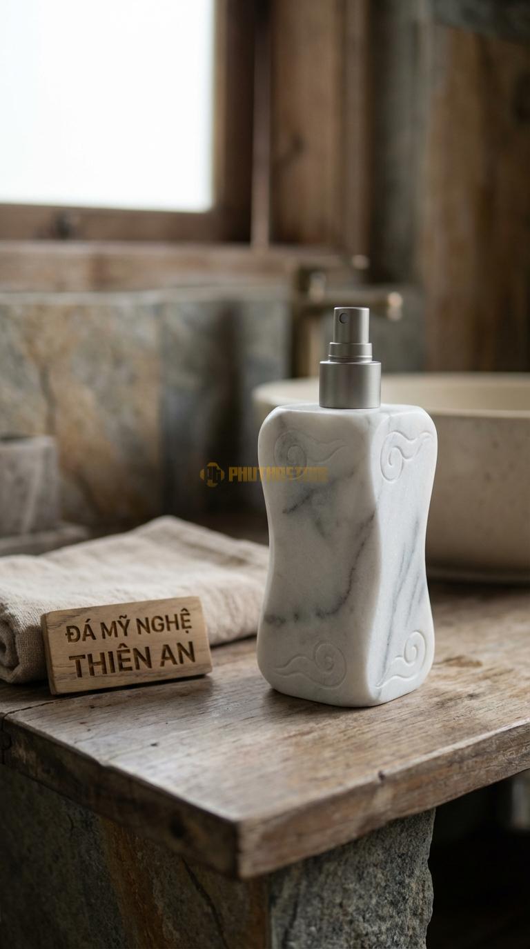 Bình Xịt Xà Phòng Đá Trắng Xanh Bình Dáng Đồng Hồ Cát Thắt Eo Ở Giữa, Chạm Vân Mây Nhẹ Đường Kính 8cm x H20cm
