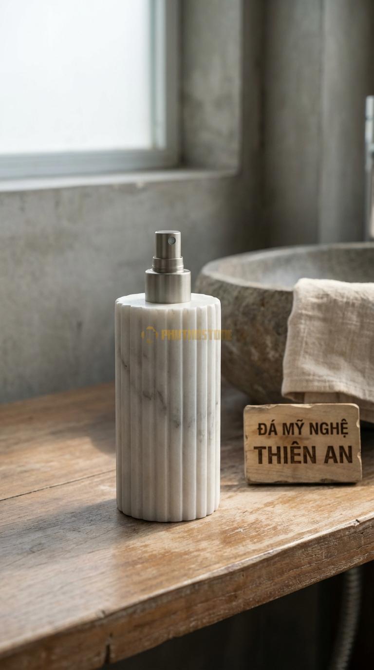 Bình Xịt Xà Phòng Đá Trắng Xanh Bình Khía Sọc Dọc Các Rãnh Soi Dọc Thân Bình Kiểu Hy Lạp Đường Kính 8.5cm x H18cm