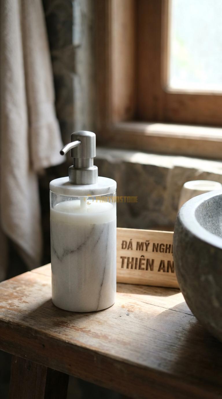 Bình Xịt Xà Phòng Đá Trắng Xanh Bình Trụ Tròn Minimalist Bề Mặt Mài Bóng Kính, Không Hoa Văn Đường Kính 8cm x H18cm