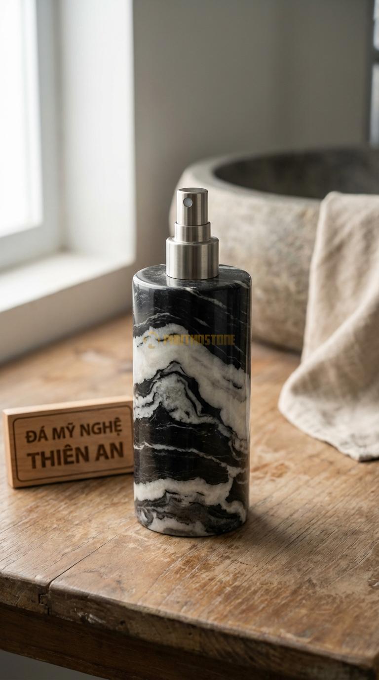 Bình Xịt Xà Phòng Đá Tuyết Sơn Bình Trụ Tròn Minimalist Bề Mặt Mài Bóng Kính, Không Hoa Văn Đường Kính 8cm x H18cm