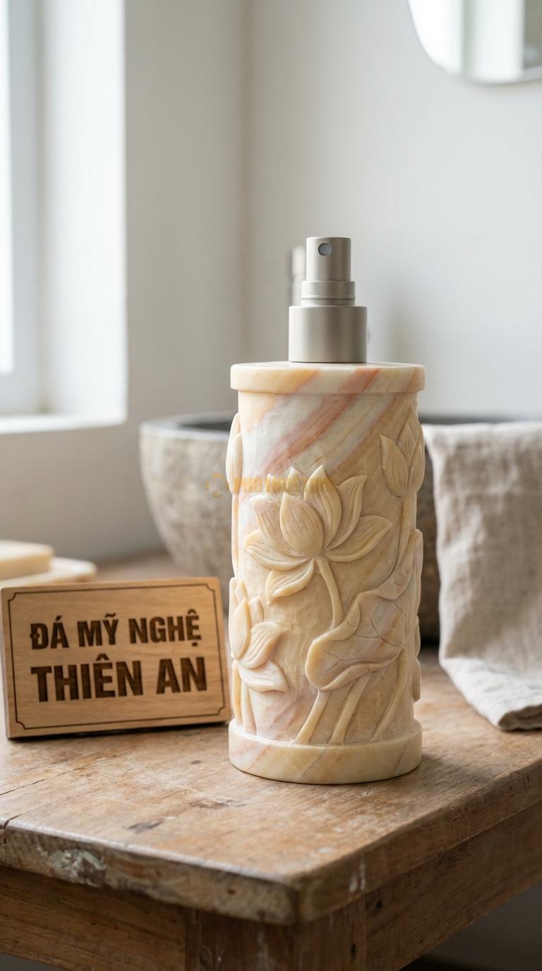 Bình Xịt Xà Phòng Đá Vàng Nghệ An Bình Chạm Hoa Sen Nổi Cánh Sen Nở Bao Quanh Thân Bình Đường Kính 9cm x H19cm