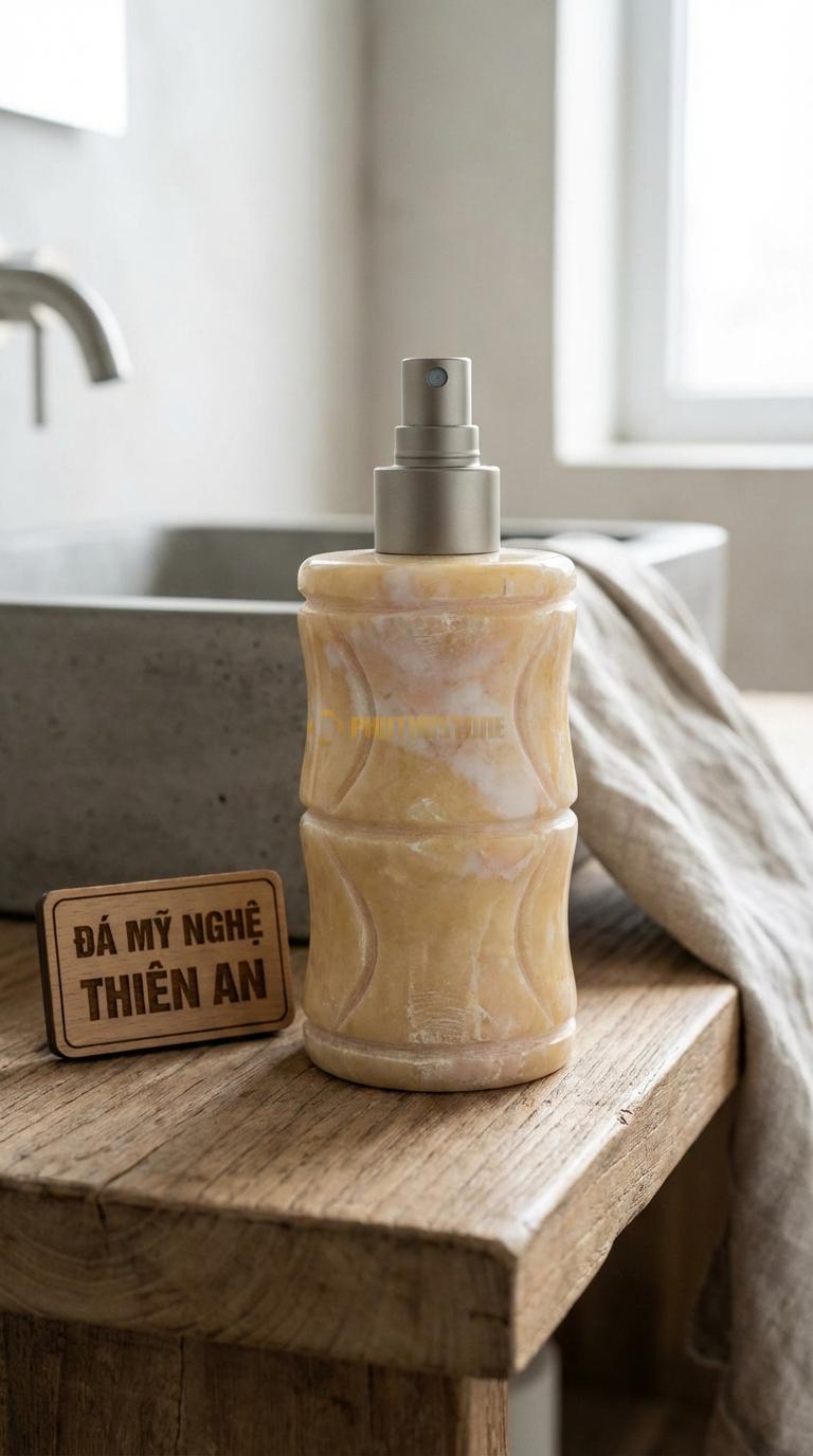 Bình Xịt Xà Phòng Đá Vàng Nghệ An Bình Chạm Tre Trúc Họa Tiết Đốt Tre Uốn Lượn Tinh Tế Đường Kính 7.5cm x H19cm