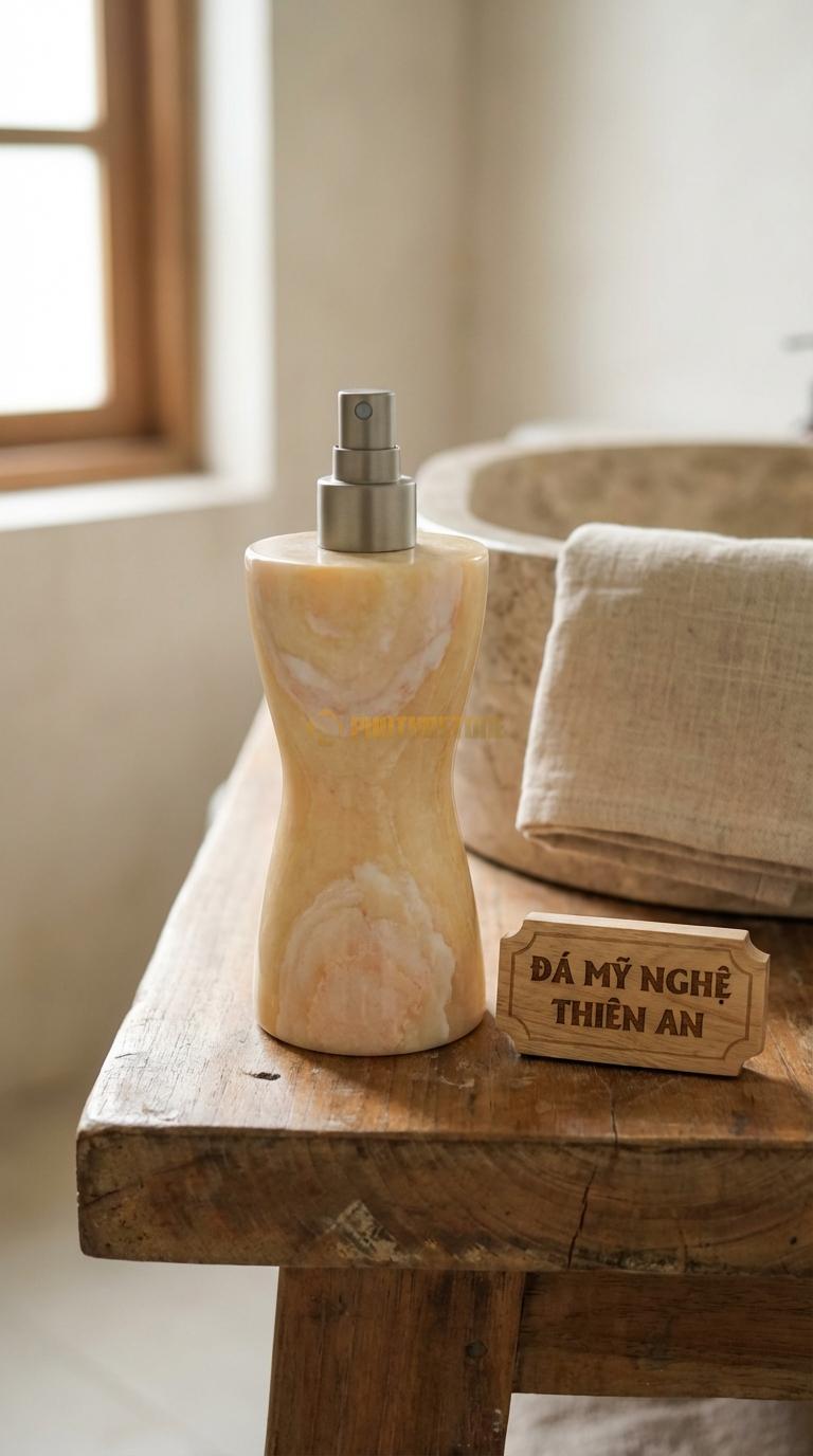 Bình Xịt Xà Phòng Đá Vàng Nghệ An Bình Dáng Đồng Hồ Cát Thắt Eo Ở Giữa, Chạm Vân Mây Nhẹ Đường Kính 8cm x H20cm