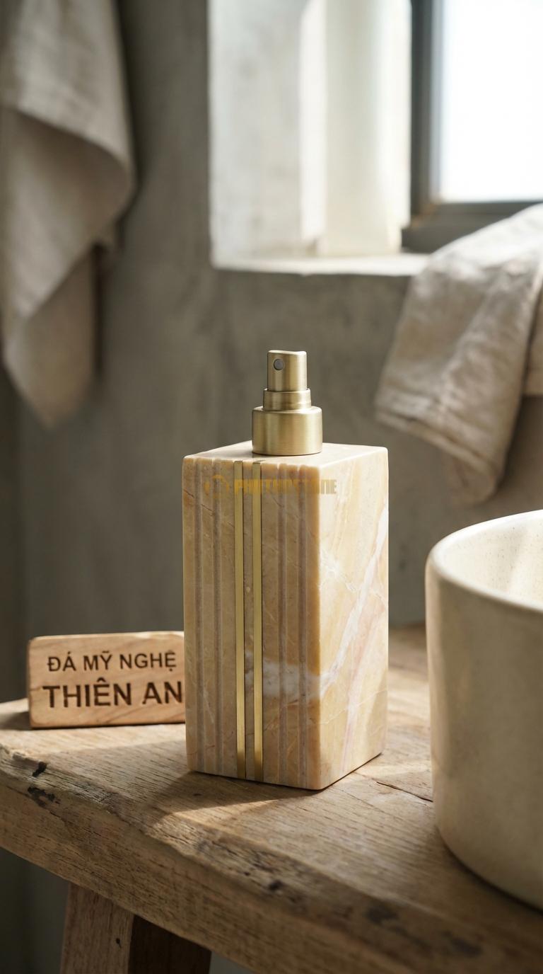 Bình Xịt Xà Phòng Đá Vàng Nghệ An Bình Khảm Kim Loại Đá Xẻ Rãnh Nẹp Chỉ Inox Màu Vàng/Đồng 8cm x 8cm x H18.5cm