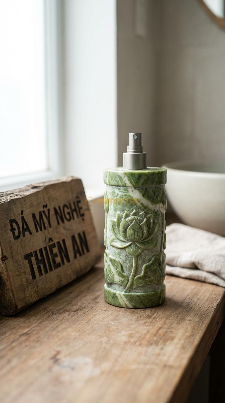 Bình Xịt Xà Phòng Đá Xanh Ấn Bình Chạm Hoa Sen Nổi Cánh Sen Nở Bao Quanh Thân Bình Đường Kính 9cm x H19cm
