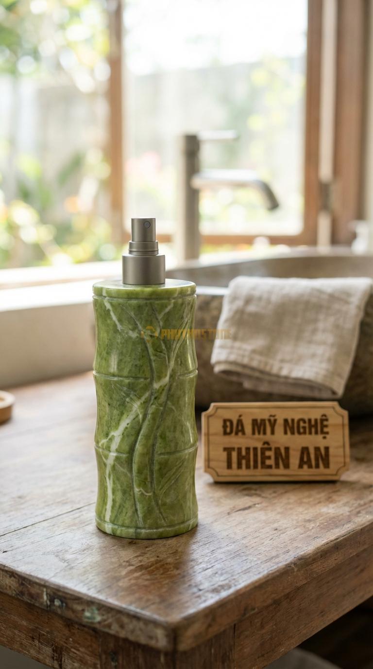 Bình Xịt Xà Phòng Đá Xanh Ấn Bình Chạm Tre Trúc Họa Tiết Đốt Tre Uốn Lượn Tinh Tế Đường Kính 7.5cm x H19cm