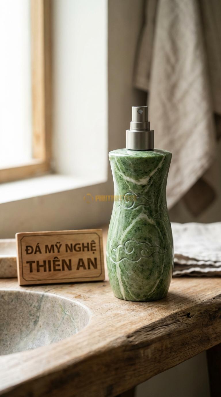 Bình Xịt Xà Phòng Đá Xanh Ấn Bình Dáng Đồng Hồ Cát Thắt Eo Ở Giữa, Chạm Vân Mây Nhẹ Đường Kính 8cm x H20cm