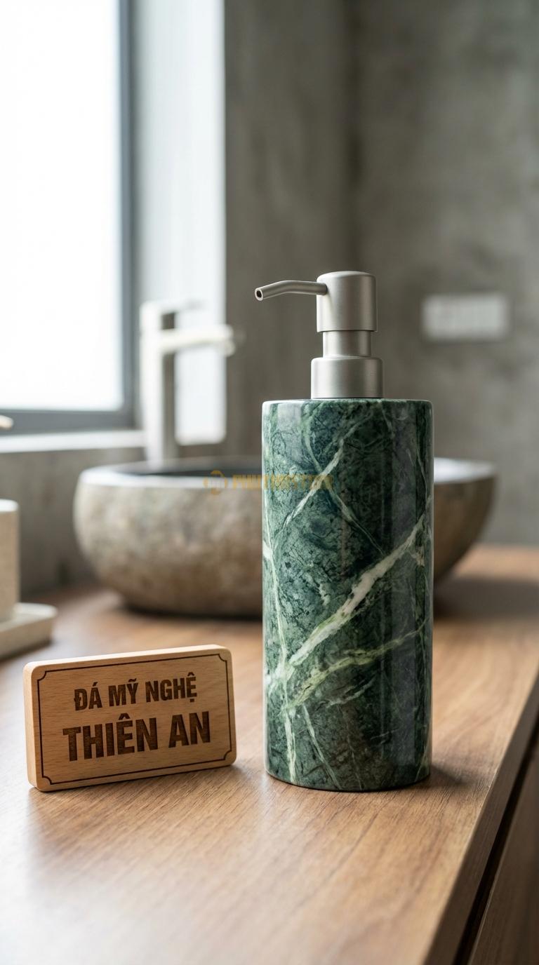 Bình Xịt Xà Phòng Đá Xanh Ấn Bình Trụ Tròn Minimalist Bề Mặt Mài Bóng Kính, Không Hoa Văn Đường Kính 8cm x H18cm