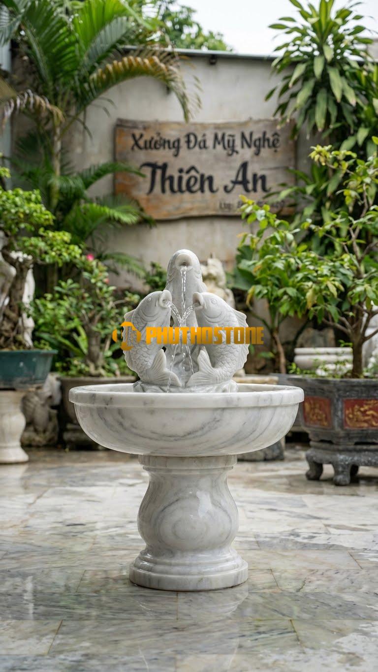 Bộ 3 Cá Chép Phun Nước Hồ Koi C80cm. Chất Liệu Đá Trắng Xanh