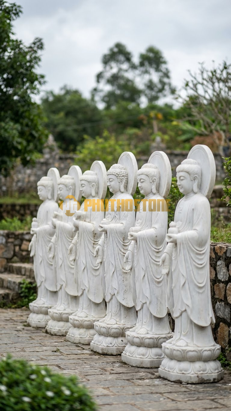 Bộ 7 Tượng Dược Sư Đá Trắng Muối Nghệ An, cỡ đại 2m đặt dọc lối đi