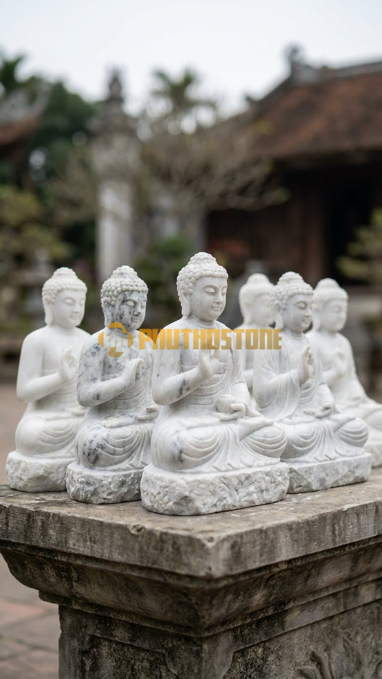 Bộ 7 Tượng Dược Sư Đá Trắng Yên Bái đồng kích thước 1m, mỗi vị một thủ ấn