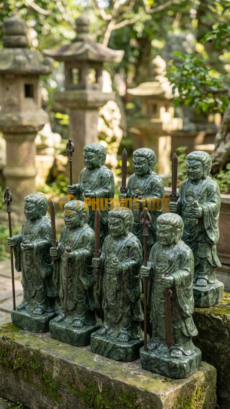 Bộ 8 Tượng Kim Cang Đá Serpentine, vũ khí làm rời bằng đồng gắn vào, nếu cần,