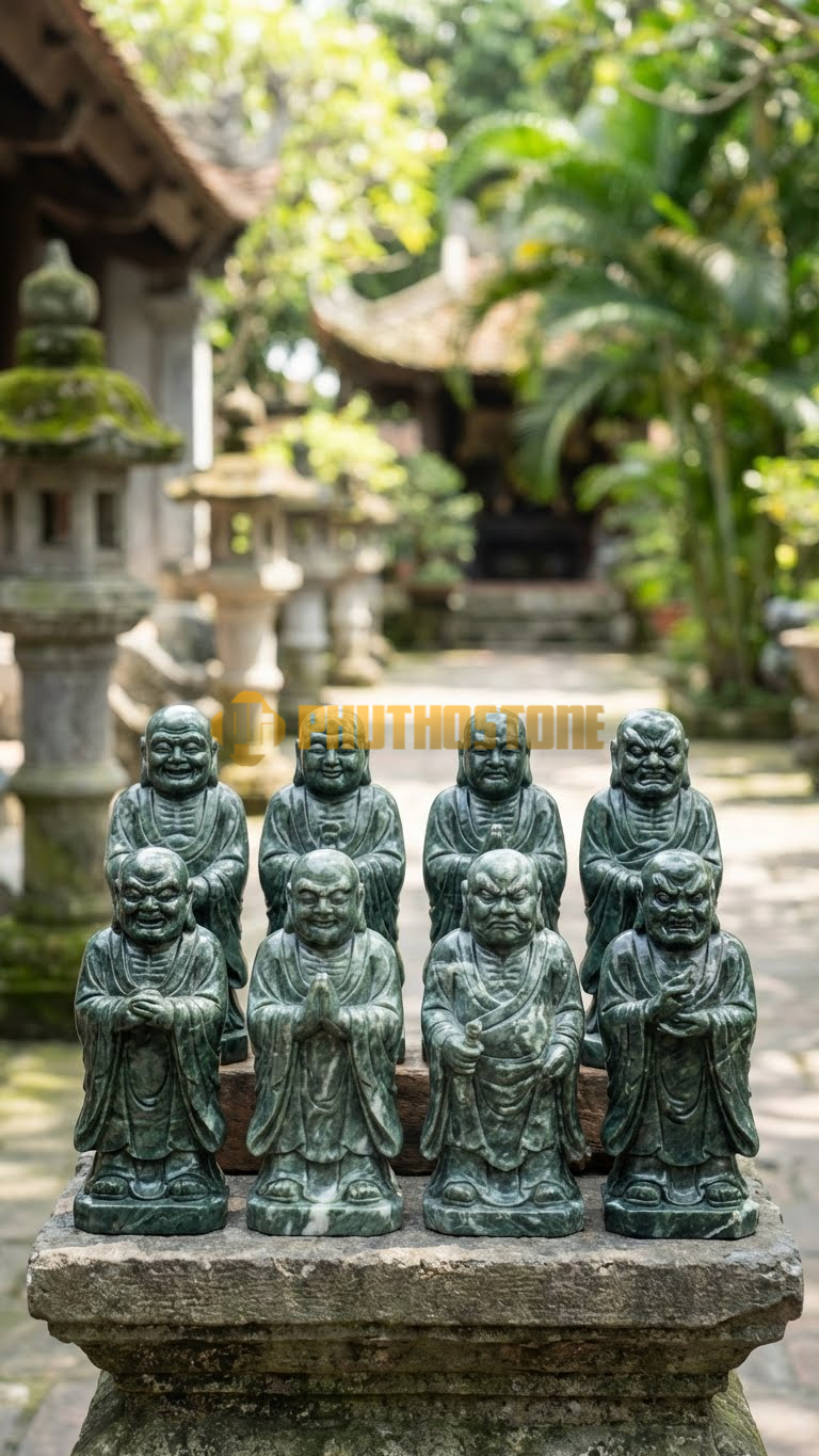 Bộ 8 Tượng Kim Cang Đá Xanh Ấn Độ, mặt mỗi vị biểu cảm khác nhau, hỉ, nộ, ái, ố,