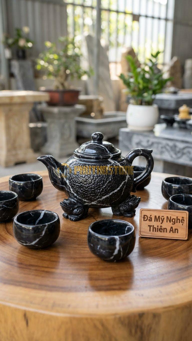 Bộ Ấm Chén Đá Cẩm Thạch Đen Tia Chớp, Chân Ấm Được Tạc Thành Chân Cóc, Thân Ấm Da Sần Sùi Như Da Cóc.