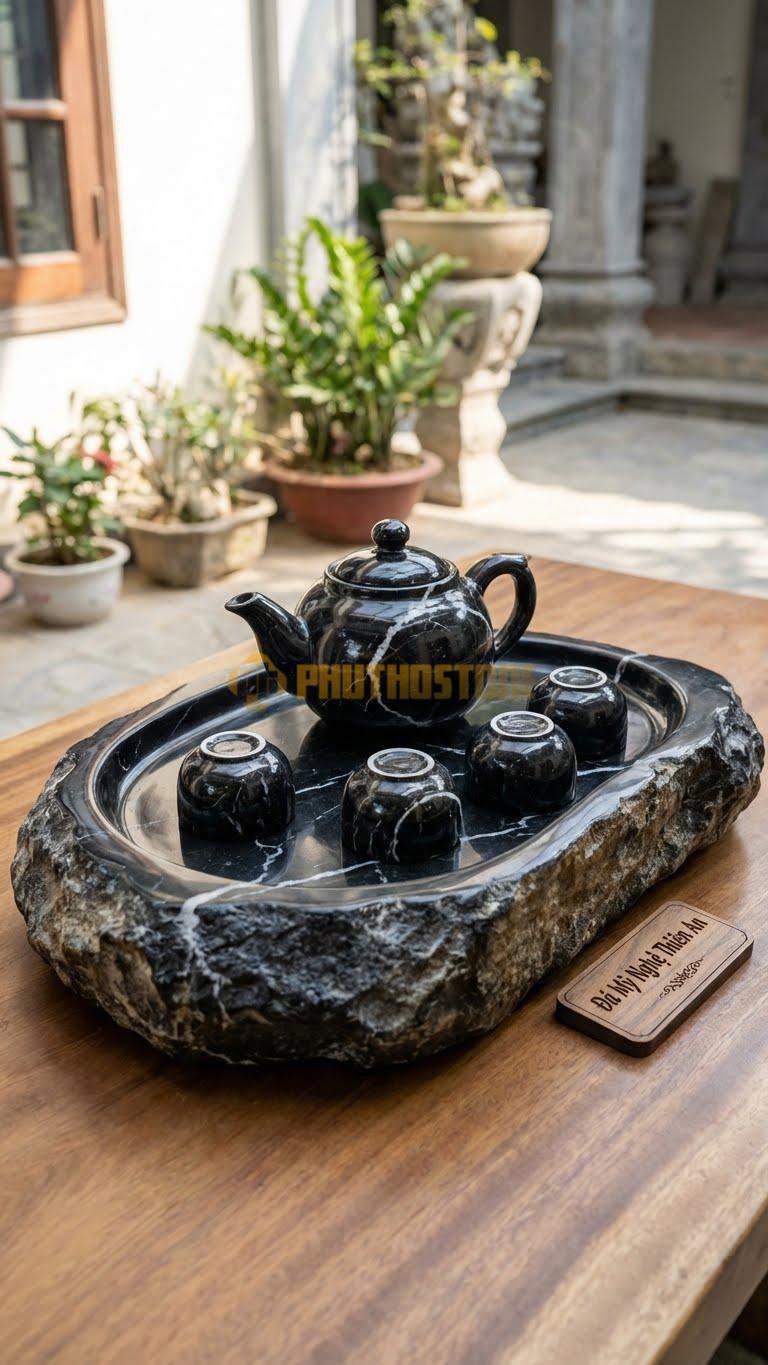 Bộ Ấm Chén Đá Cẩm Thạch Đen Tia Chớp, Khay Hình Tảng Đá Cẩm Thạch Suối, Giữ Nguyên Lớp Vỏ Phong Hóa Bên Ngoài, Chỉ Mài Lòng Khay.
