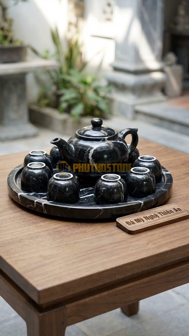 Bộ Ấm Chén Đá Cẩm Thạch Đen Tia Chớp, Khay Tròn Xoay 360 Độ (Đế Xoay Rời).