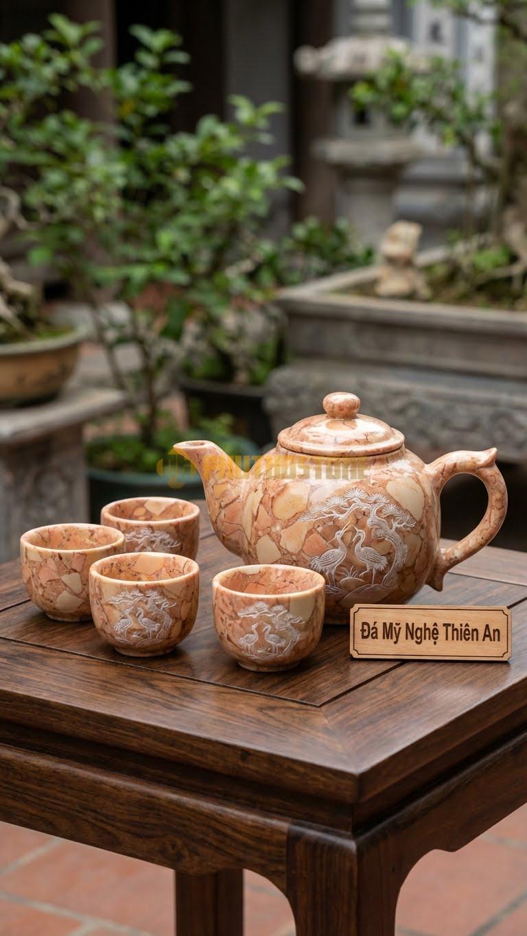 Bộ Ấm Chén Đá Cẩm Thạch Hồng, Chạm Đôi Chim Hạc Đứng Dưới Gốc Tùng (Tùng Hạc Diên Niên).