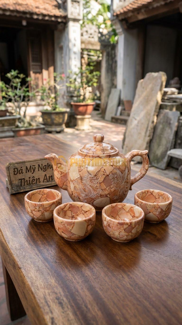 Bộ Ấm Chén Đá Cẩm Thạch Hồng, Kết Hợp Rồng Một Mặt, Phượng Một Mặt (Long Phụng Sum Vầy).