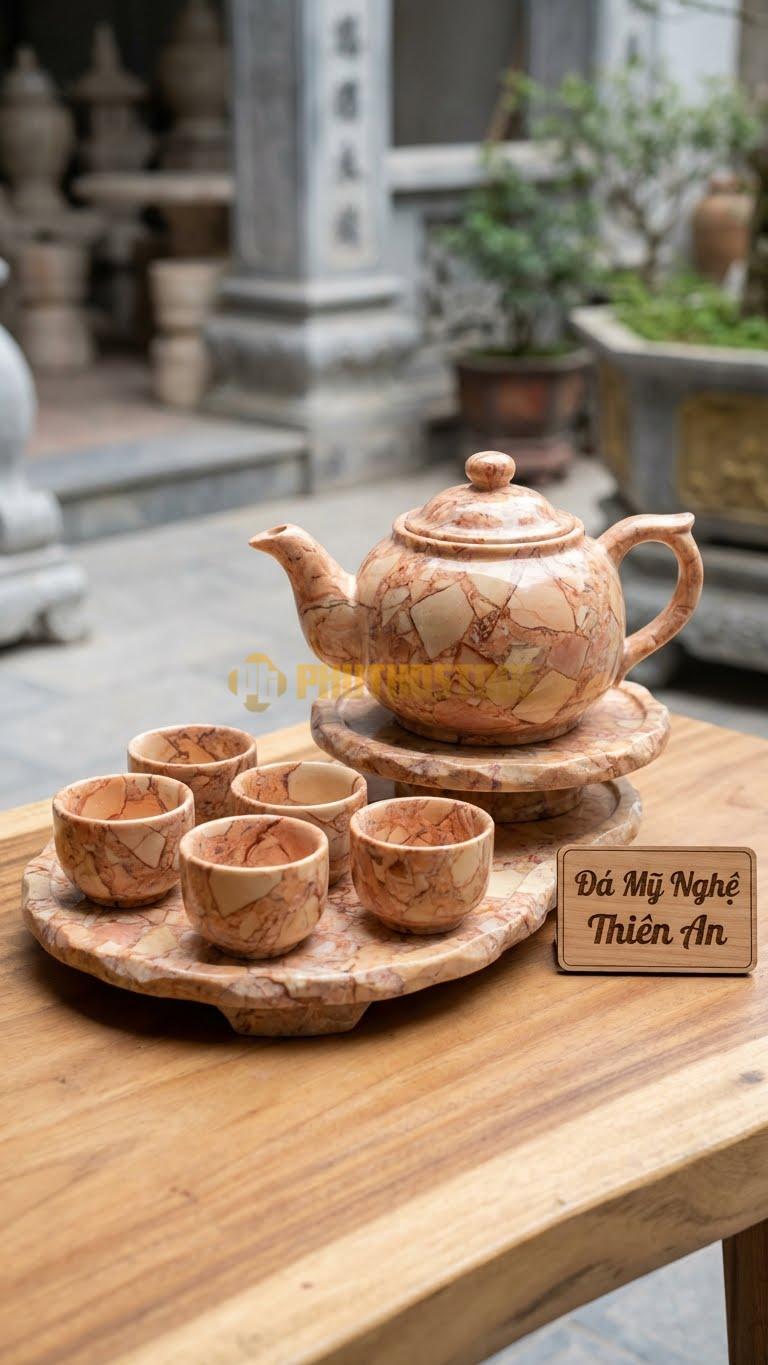 Bộ Ấm Chén Đá Cẩm Thạch Hồng, Khay Giật Cấp Tự Nhiên (Chỗ Để Ấm Cao, Chỗ Để Chén Thấp).