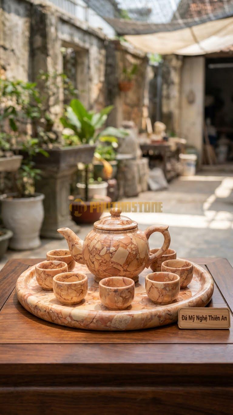 Bộ Ấm Chén Đá Cẩm Thạch Hồng, Khay Tròn Trơn, Bo Viền Gờ Cao Để Giữ Nước.