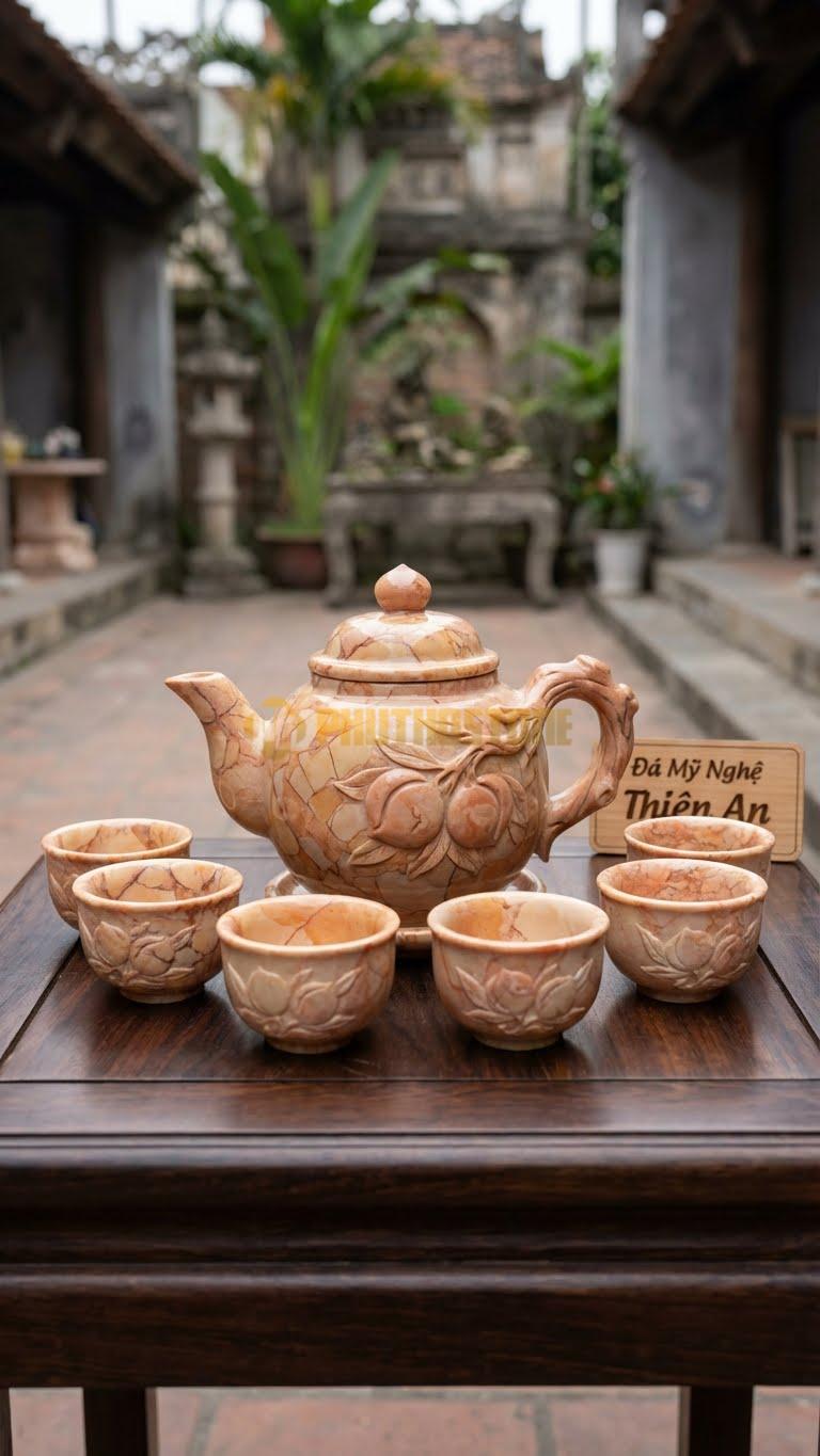 Bộ Ấm Chén Đá Cẩm Thạch Hồng, Vòi Ấm Là Thân Cây Đào Sần Sùi, Thân Ấm Chạm Nổi Quả Đào Chín.