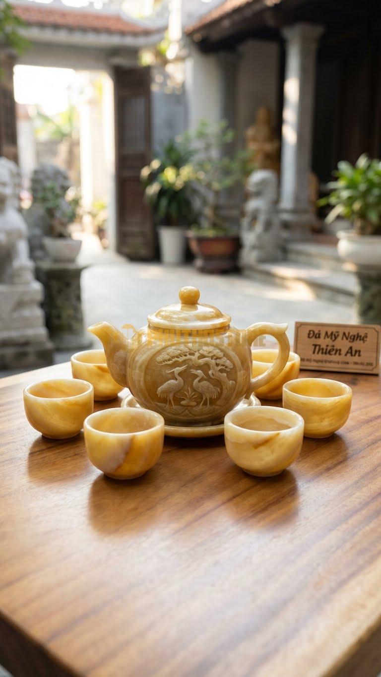 Bộ Ấm Chén Đá Cẩm Thạch Ngọc Hoàng Long, Chạm Đôi Chim Hạc Đứng Dưới Gốc Tùng (Tùng Hạc Diên Niên).