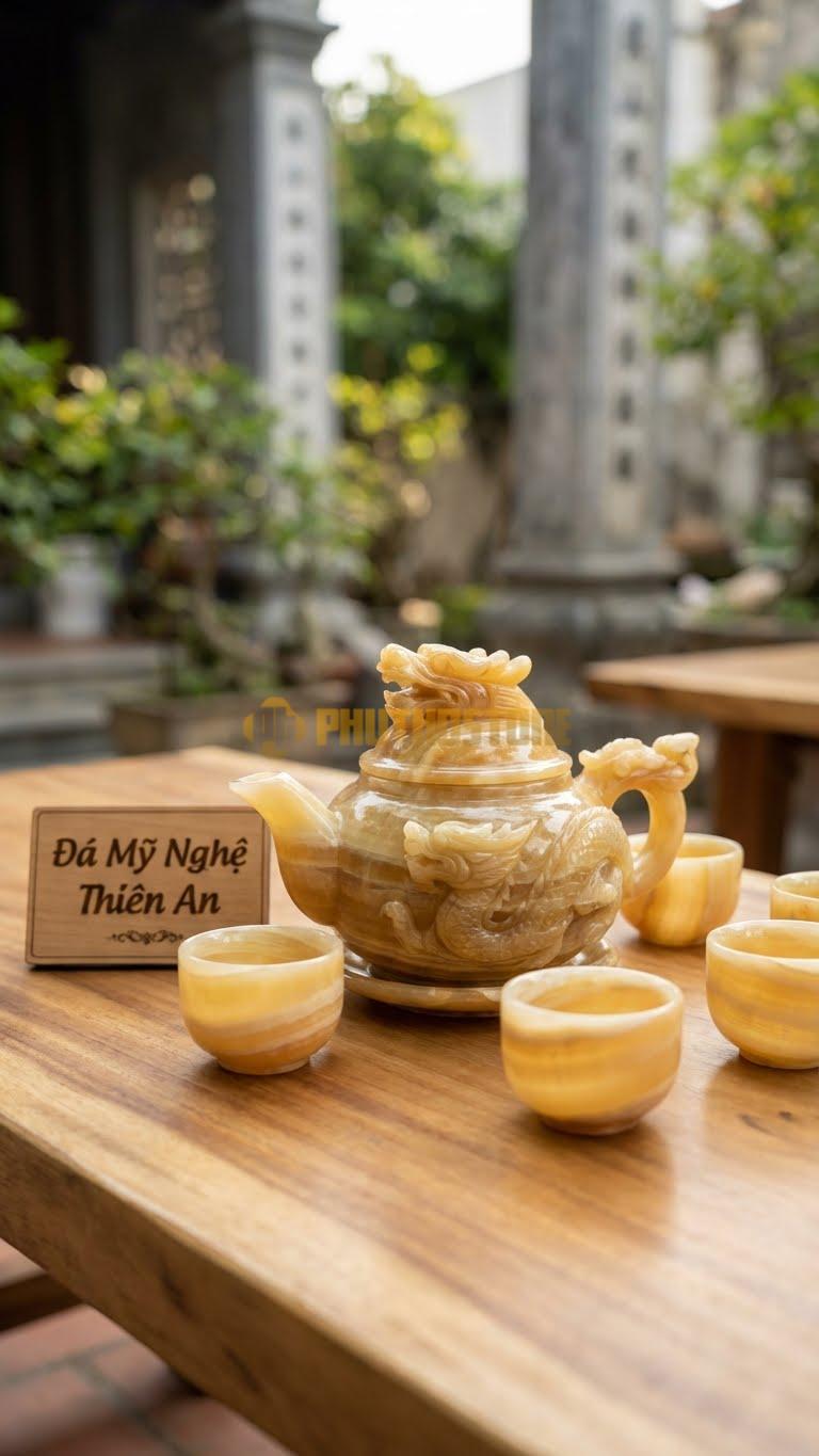 Bộ Ấm Chén Đá Cẩm Thạch Ngọc Hoàng Long, Nắp Ấm Là Đầu Rồng Ngẩng Cao, Thân Ấm Là Thân Rồng Cuộn Tròn.