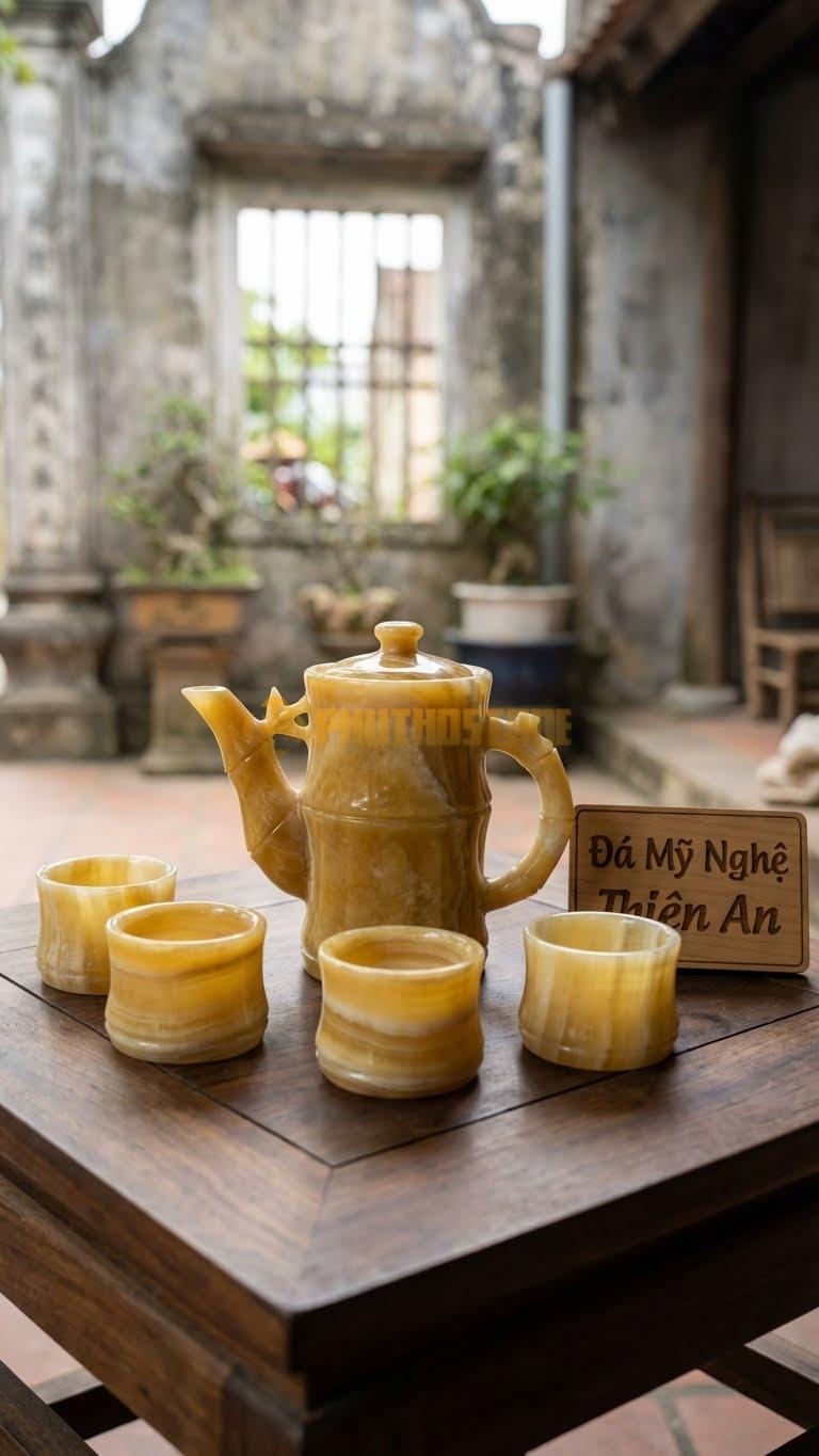 Bộ Ấm Chén Đá Cẩm Thạch Ngọc Hoàng Long, Thân Ấm Hình Lóng Trúc Già, Vòi Và Quai Là Cành Trúc Nhỏ Mọc Ra.
