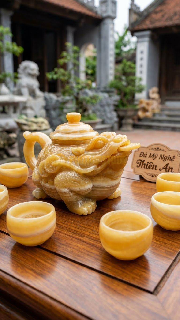 Bộ Ấm Chén Đá Cẩm Thạch Ngọc Hoàng Long, Toàn Bộ Ấm Là Hình Con Cóc 3 Chân, Nước Rót Ra Từ Miệng Cóc (Ngậm Tiền).